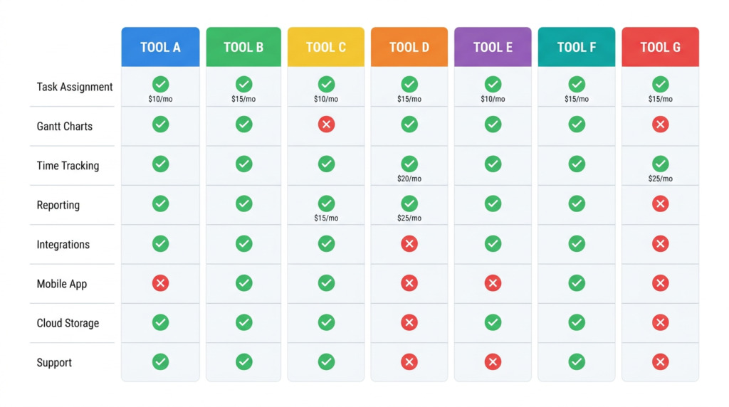 Side-by-side comparison grid of seven marketing project management software tools with features and pricing.