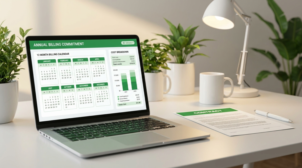 Annual billing commitment concept showing a 12-month cost breakdown calendar and contract on a desk
