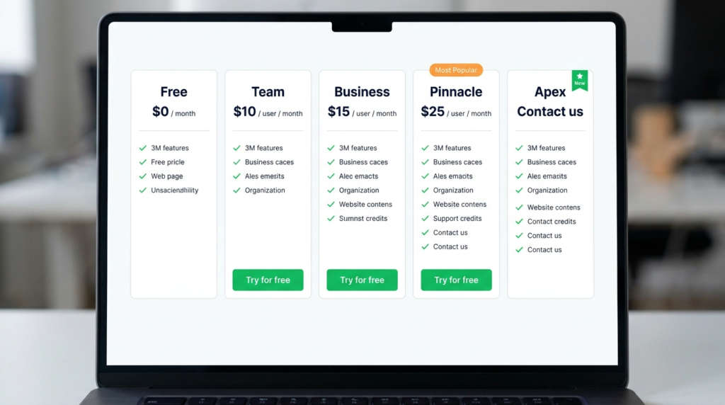 Wrike pricing page mockup showing five plan tiers: Free at $0, Team at $10, Business at $25, Pinnacle, and Apex with feature checklists