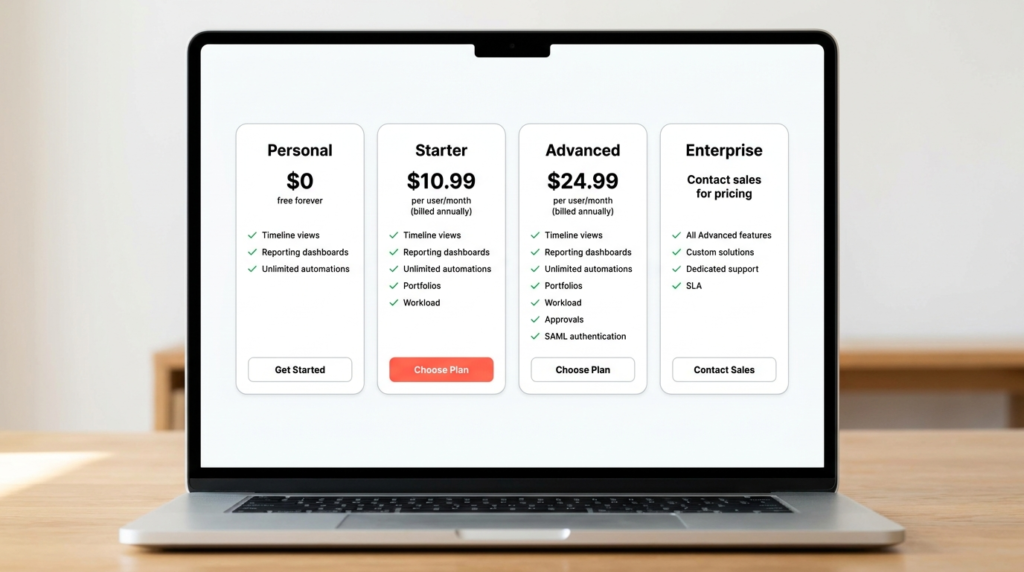 Asana pricing page mockup showing Personal at $0, Starter at $10.99, Advanced at $24.99, and Enterprise custom pricing with feature checklists