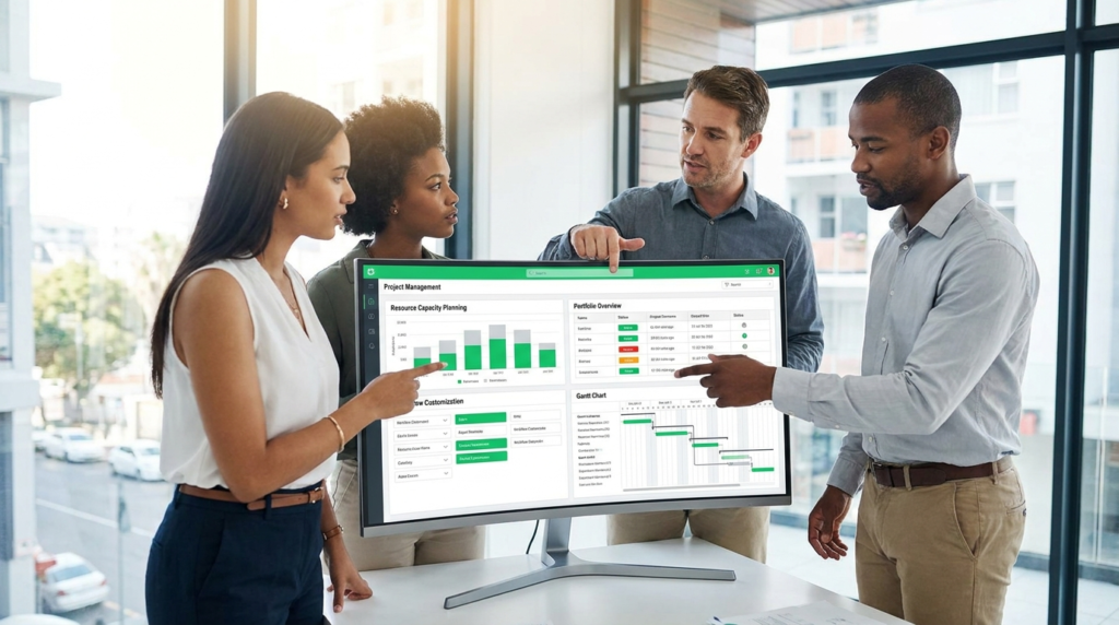 Mid-market agency team collaborating around a project management dashboard with resource planning, portfolio view, and Gantt chart