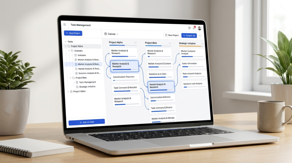 Complex task management dashboard showing interconnected subtasks, dependencies, and multi-project task linking