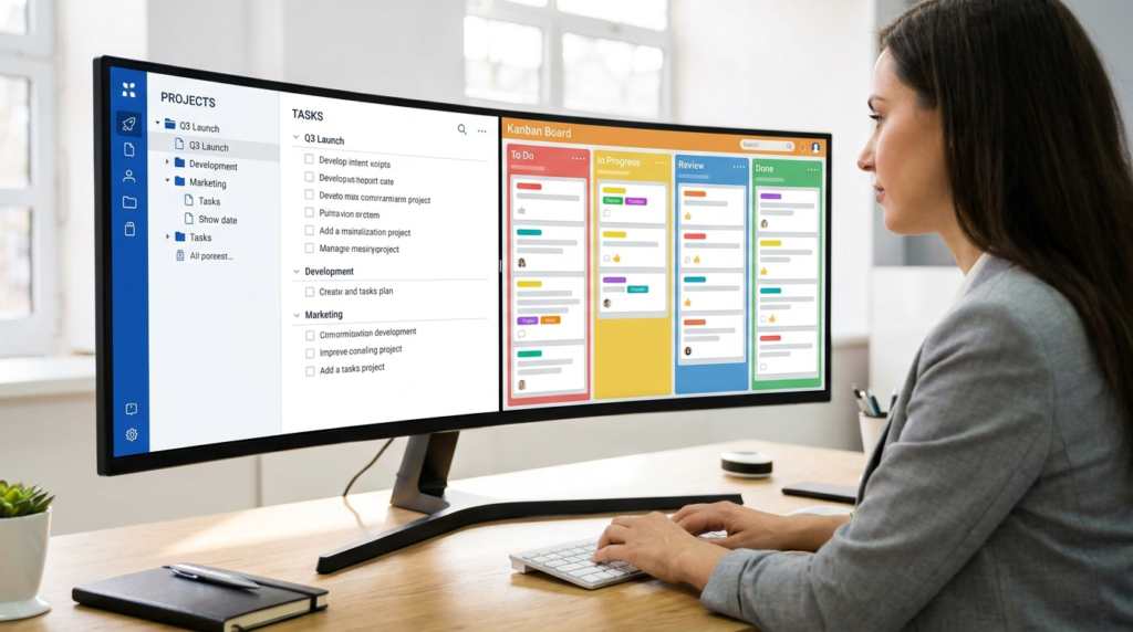 Split screen showing structured royal blue task list interface versus vibrant colorful kanban board representing two different project management philosophies