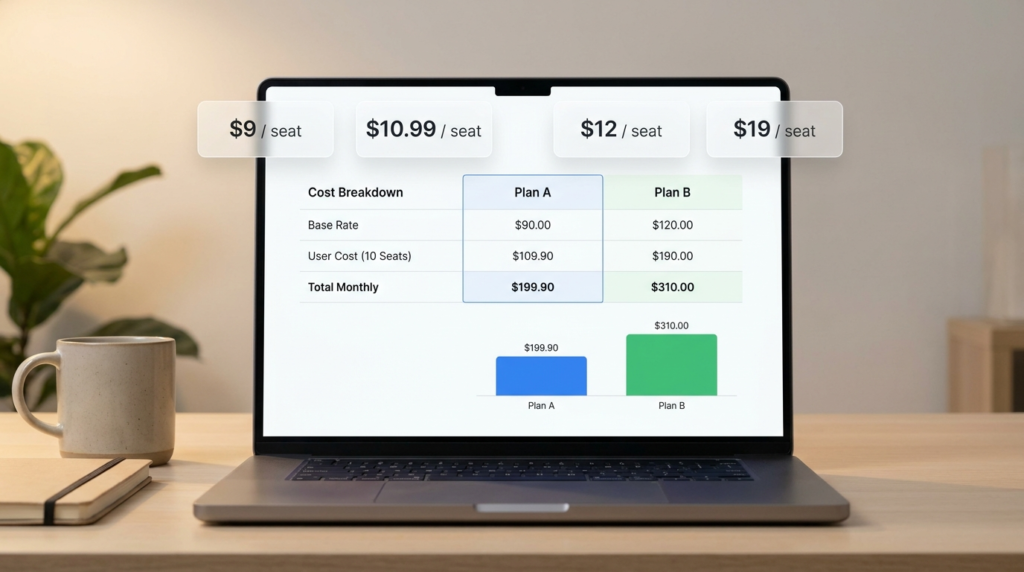 SaaS pricing comparison table showing per seat monthly costs and bar chart comparing Asana and Monday.com at 10 seats