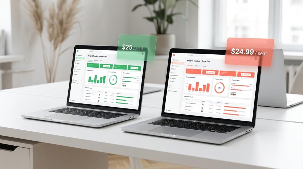 Side by side pricing comparison of two project management dashboards with green and coral red accents and per seat price cards