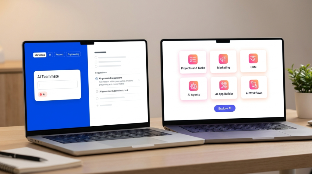 Side by side AI features comparison showing Asana AI Teammate gallery with royal blue panel on left laptop and Monday.com AI category grid with agents and workflows on right laptop