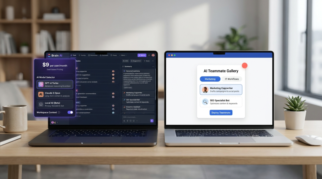 Side by side AI comparison showing ClickUp Brain AI interface with purple accents and multiple AI models versus Asana AI Teammate gallery with royal blue panel