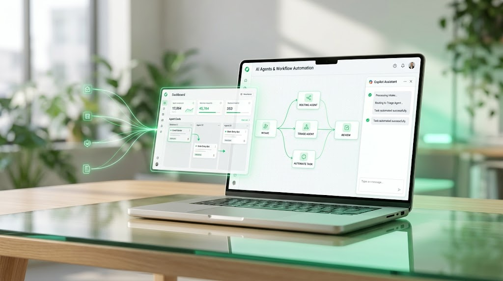Wrike AI agents and Copilot workflow automation interface showing autonomous task routing and triaging with green accents