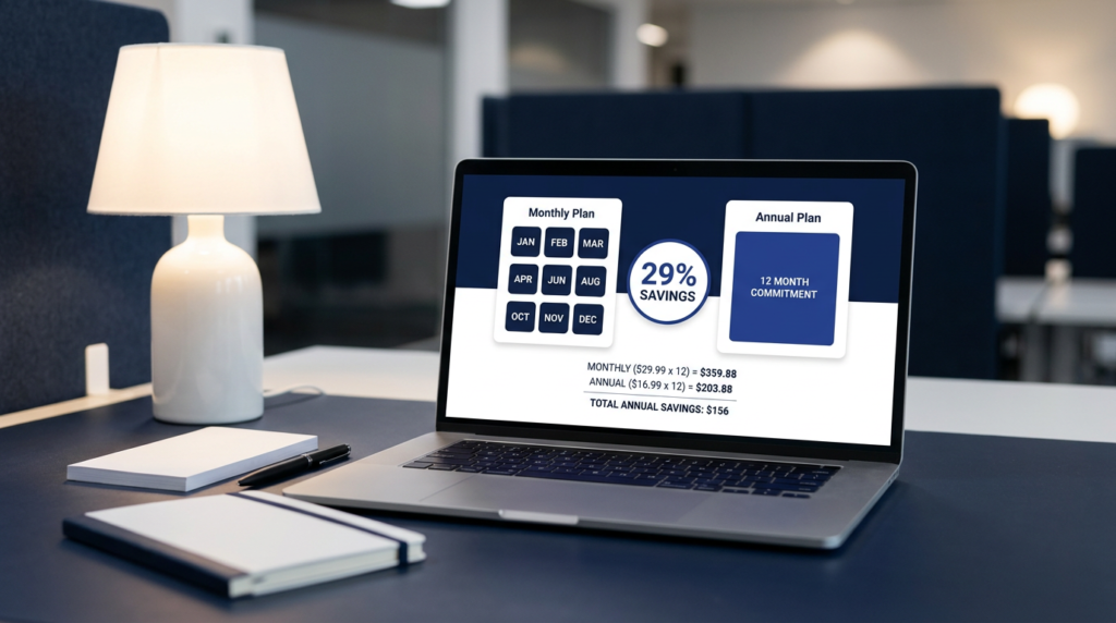 Annual versus monthly billing comparison showing 29 percent savings badge with cost comparison chart and 12 month calendar