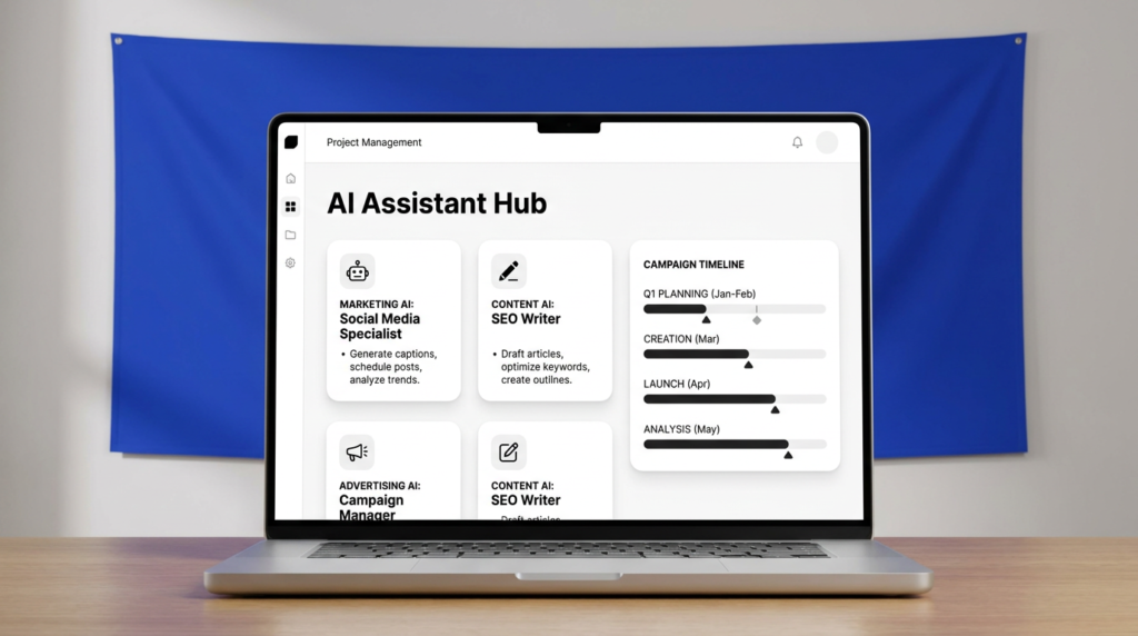Asana-style project management interface with royal blue background, AI teammate cards, and structured campaign timeline