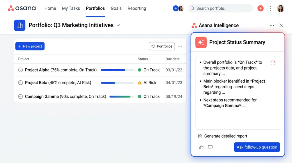Asana AI assistant panel auto-generating a smart status summary from portfolio data with coral sparkle AI icon