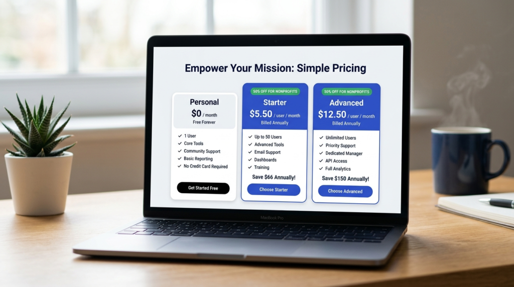 Asana nonprofit pricing table showing Personal at $0, Starter at $5.50 per user per month and Advanced at $12.50 per user per month with 50% off badges