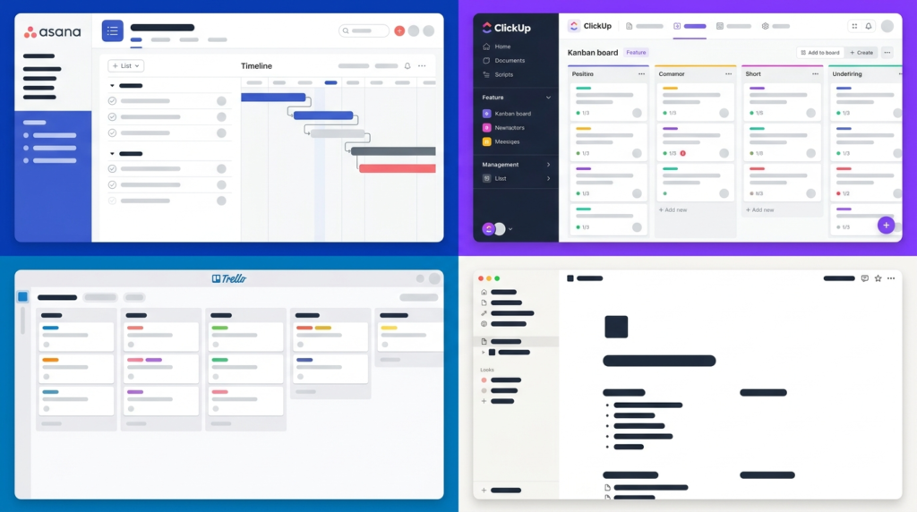 Side-by-side comparison of Asana, ClickUp, Trello, and Notion interfaces highlighting each tool's visual design and feature depth