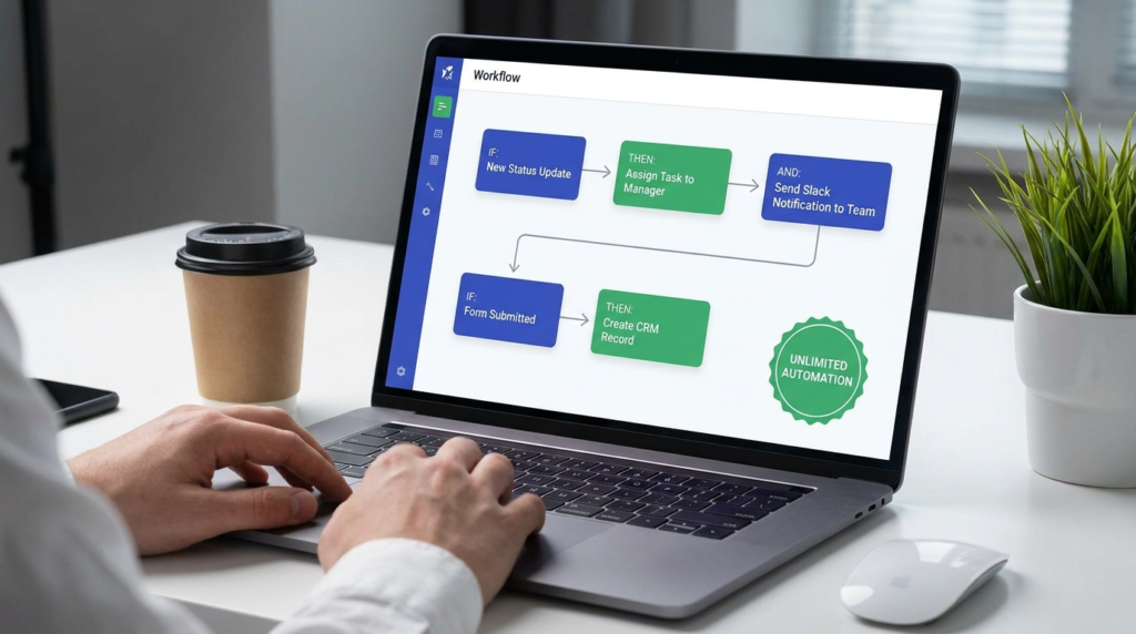 Workflow automation rule builder showing if-then trigger cards, status updates, and task assignment routing flows