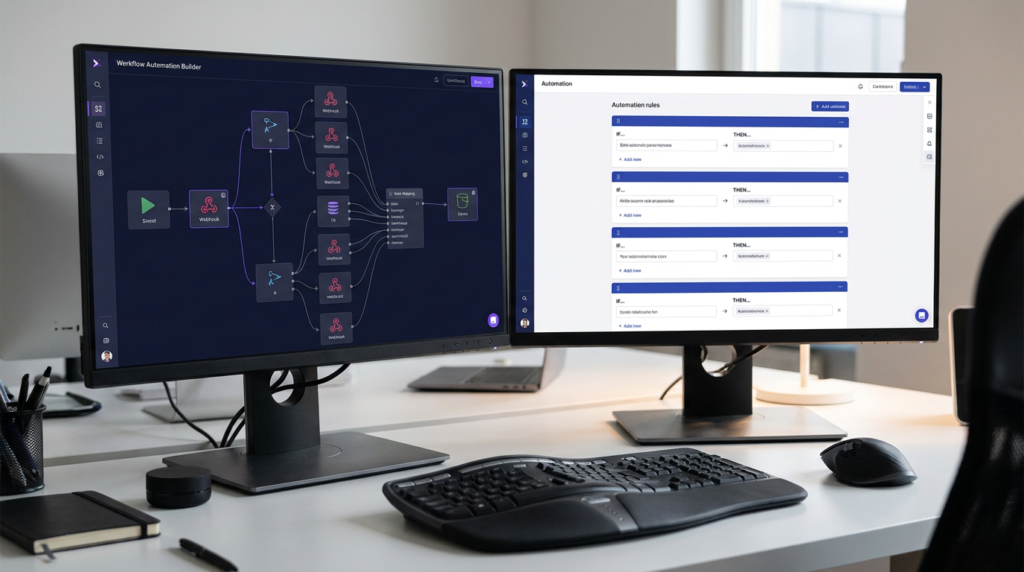 Dual monitor automation comparison showing complex multi-step conditional workflow builder versus clean unlimited if-then automation rule cards