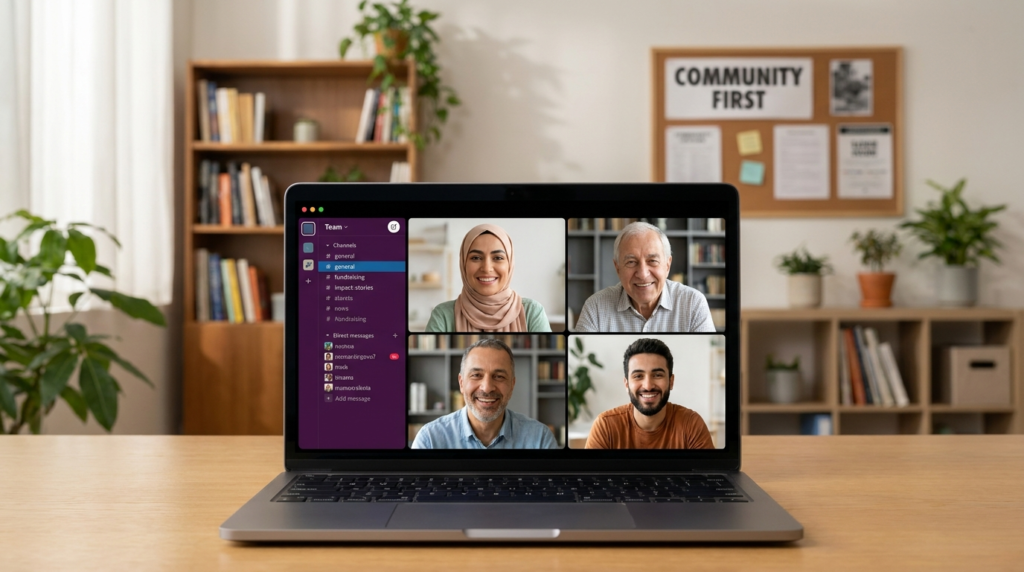 Nonprofit team using a messaging and video communication platform with channels direct messages and group video call
