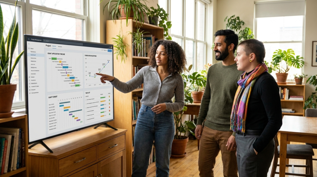 Small nonprofit team collaborating around a project management dashboard showing grant application timeline and fundraising campaign milestones