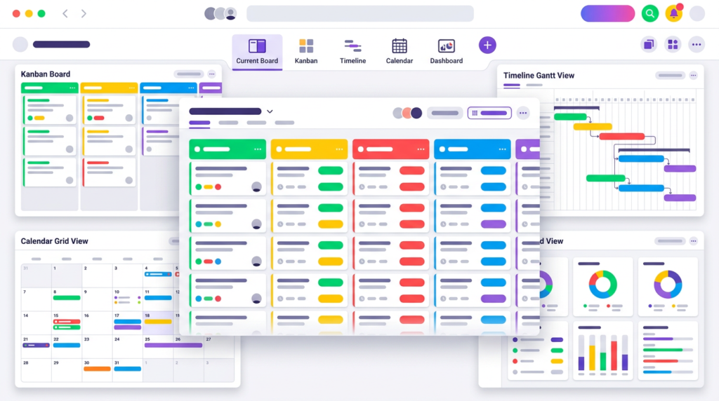 monday.com interface showing a colorful board with multiple views — Kanban, Timeline, Calendar, and Chart — built from the same underlying data
