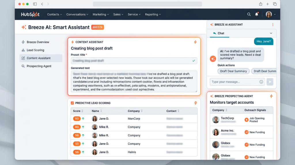 HubSpot Breeze AI interface showing AI content generation, deal summaries, predictive contact scoring, and the Breeze Prospecting Agent monitoring target accounts