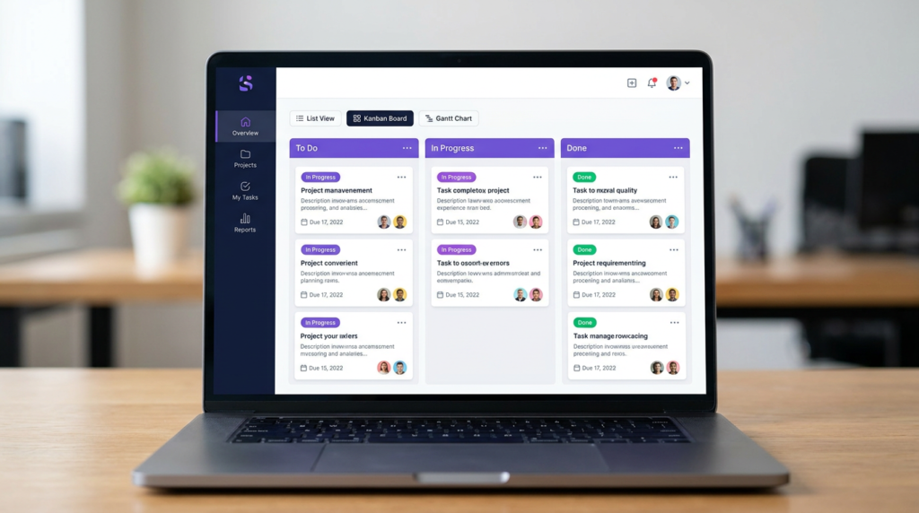 ClickUp-style project management dashboard with dark sidebar, purple accents, and multi-view interface showing list, kanban, and gantt tabs.