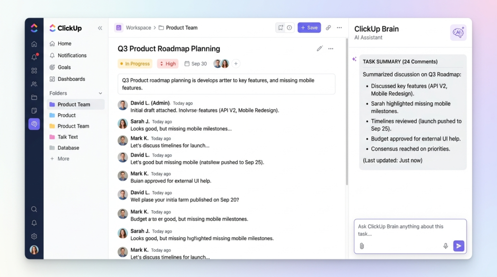 ClickUp Brain AI assistant panel summarizing a long task comment thread alongside the full task view