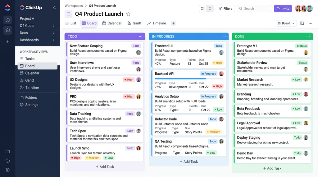 ClickUp interface showing multiple view types including kanban board, list, calendar, and gantt with colorful status columns