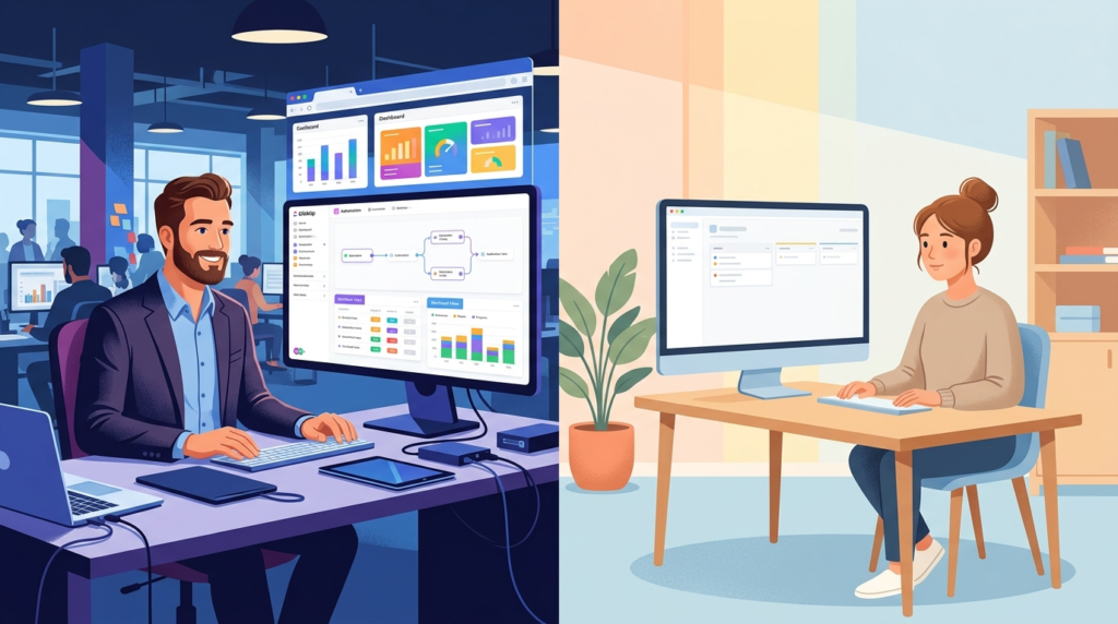 Split illustration showing ClickUp as the right fit for complex workflows on the left and a simpler tool for minimal-needs teams on the right