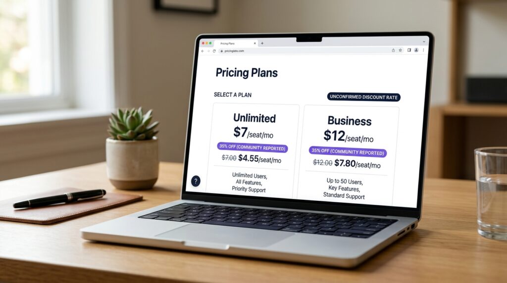 ClickUp nonprofit pricing panel showing Unlimited at approximately $4.55 per seat and Business at approximately $7.80 per seat with community reported 35 percent discount badge and unconfirmed disclaimer