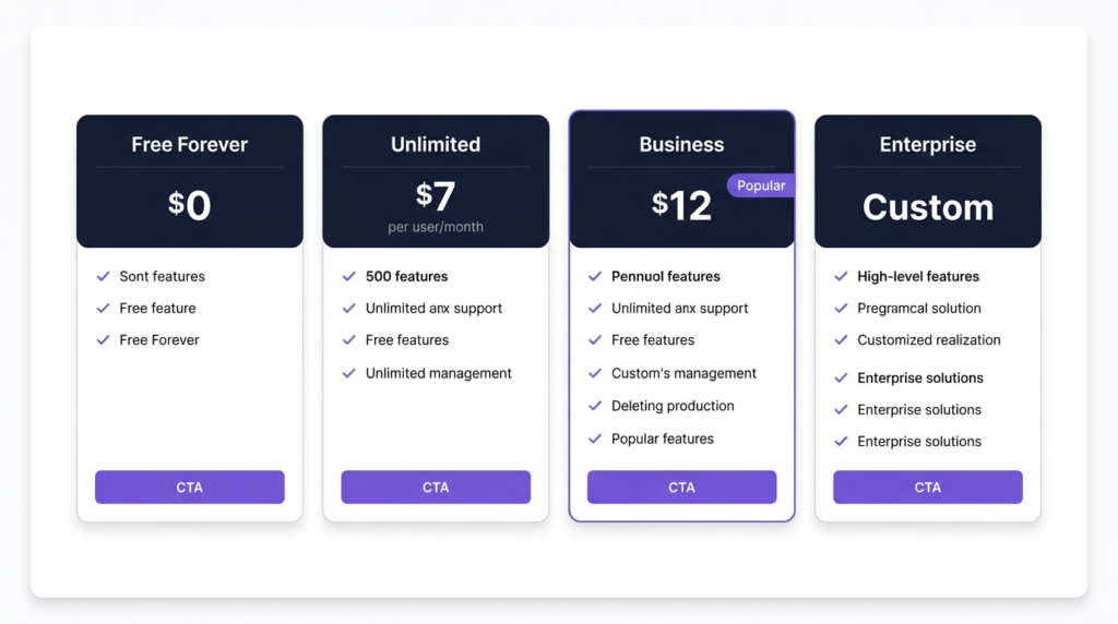 ClickUp pricing plans mockup showing Free Forever at $0, Unlimited at $7/user/month, Business at $12/user/month, and Enterprise at custom pricing