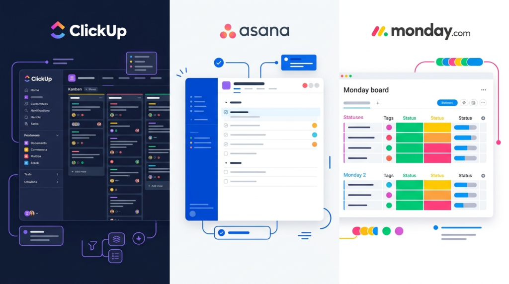 Side-by-side comparison of ClickUp, Asana, and Monday.com interfaces highlighting each tool's visual design and feature density