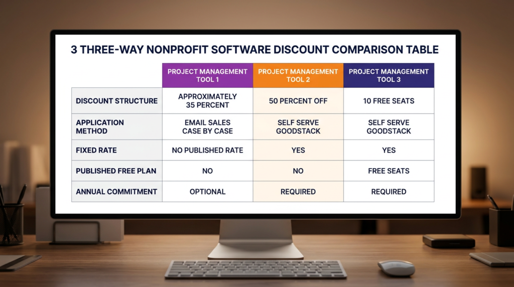Three way nonprofit discount comparison table showing ClickUp Asana and Monday with rows for discount structure application method published rate and free plan availability