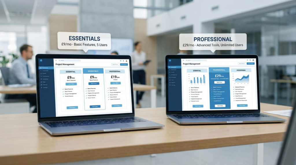 Side by side comparison of two project management software dashboards on laptops with pricing tier cards