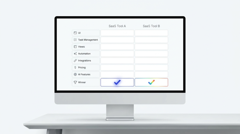 Feature comparison grid showing Asana and Monday.com side by side across UI, automation, pricing, integrations, and AI capabilities