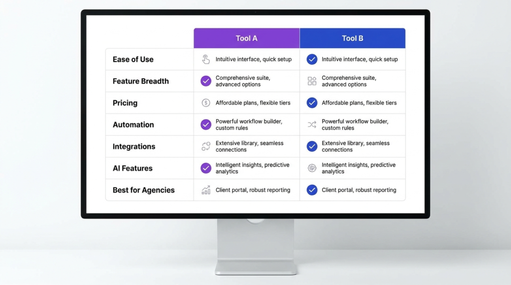 Feature comparison grid showing ClickUp and Asana head-to-head across ease of use, pricing, automation, integrations, and AI features