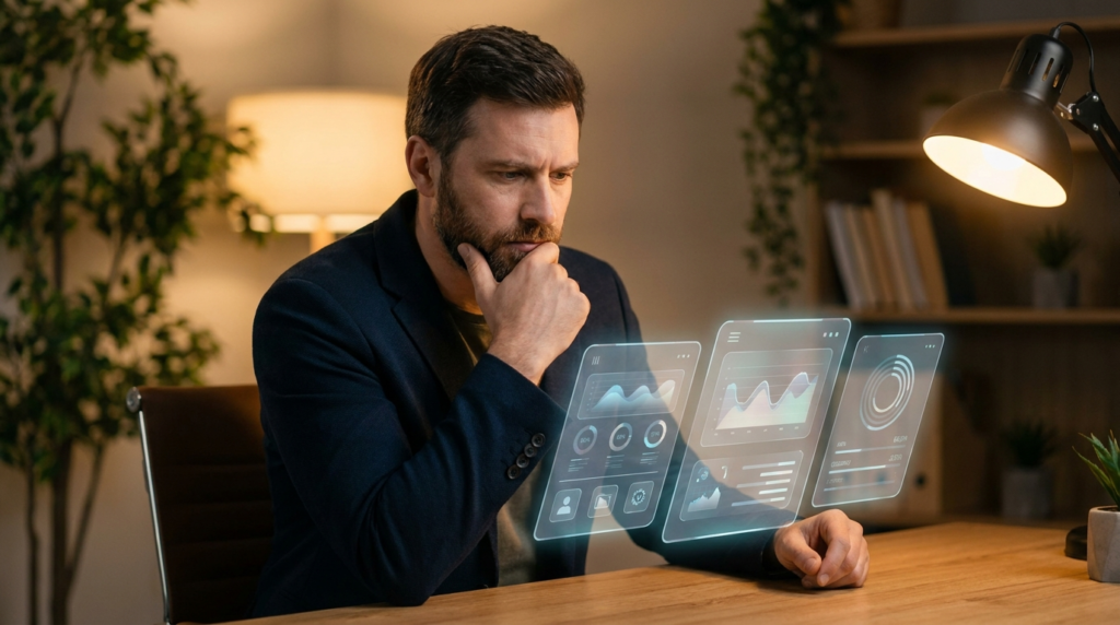 Business professional evaluating multiple software options displayed as floating interface cards