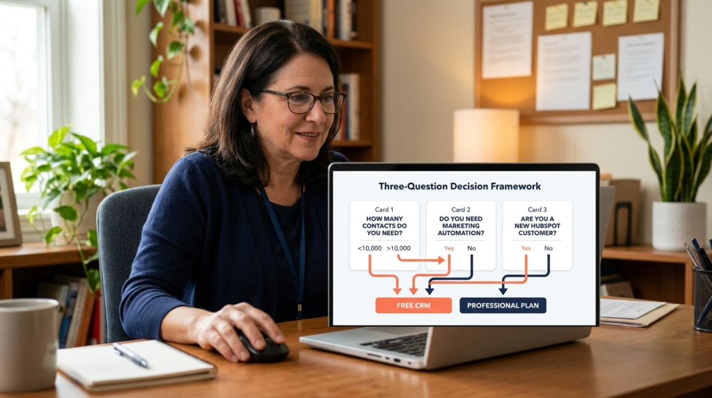 Three question decision framework showing branching paths from contact count automation needs and new customer status leading to Free CRM or Professional plan recommendation
