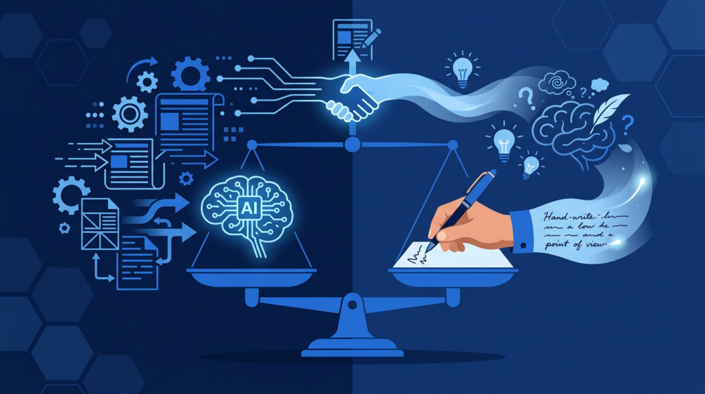 Conceptual illustration of AI handling speed and structure balanced against human expertise and original point of view in content creation