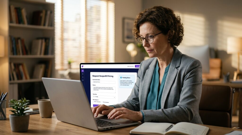 Nonprofit director composing a sales email to request a discount with a contact form on screen and 501c3 IRS determination letter on desk representing the case by case application process