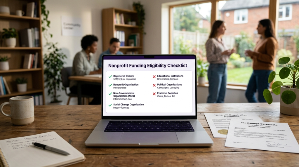Nonprofit eligibility checklist showing green checkmarks for registered charities NGOs and nonprofits with red exclusions for educational and political organizations