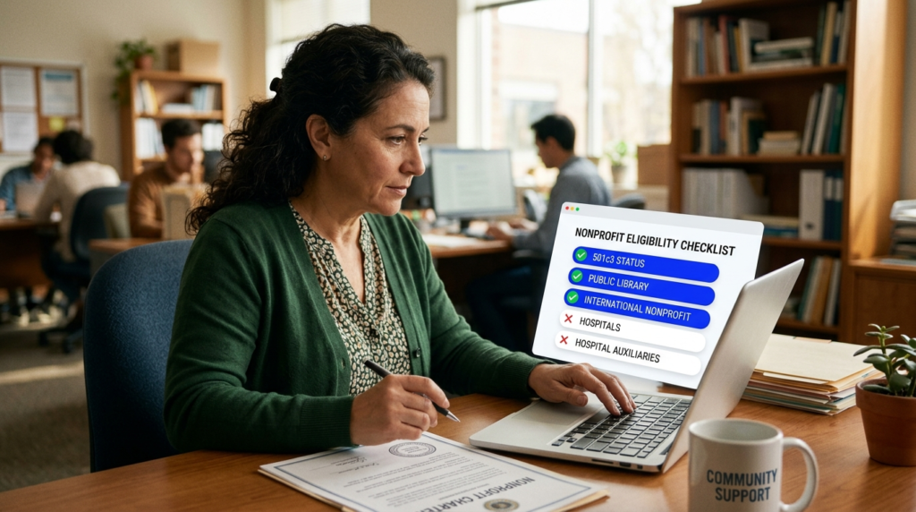 Nonprofit eligibility checklist showing green checkmarks for 501c3 organizations and red exclusions for hospitals with official nonprofit documentation on desk