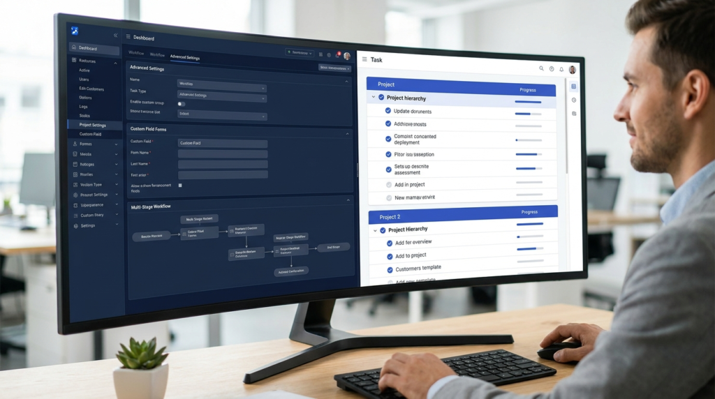 Split screen comparing complex feature-dense dark navy project management interface versus clean minimal structured white task list with royal blue accents