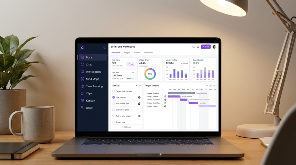 All-in-one workspace dashboard with dark navy sidebar showing native docs, chat, whiteboards, mind maps, and time tracking tools