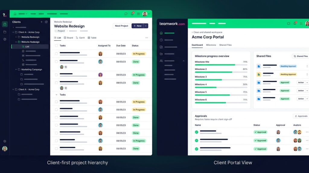 Teamwork.com interface showing client-first project hierarchy in sidebar alongside a client portal view with milestone progress and shared file approvals