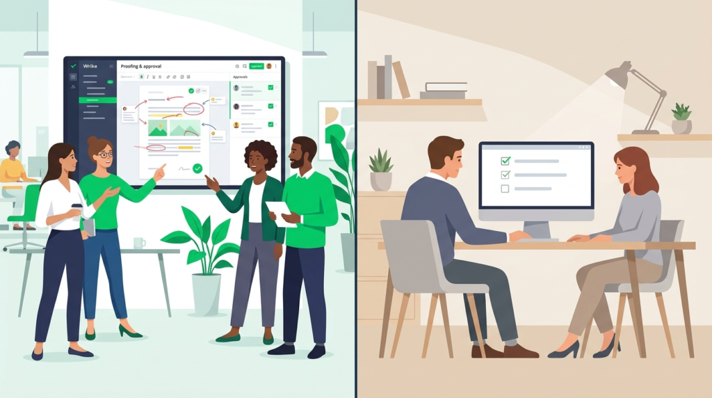 Split illustration showing Wrike as the right fit for marketing agencies and enterprise teams on the left and a simpler tool for small teams on the right