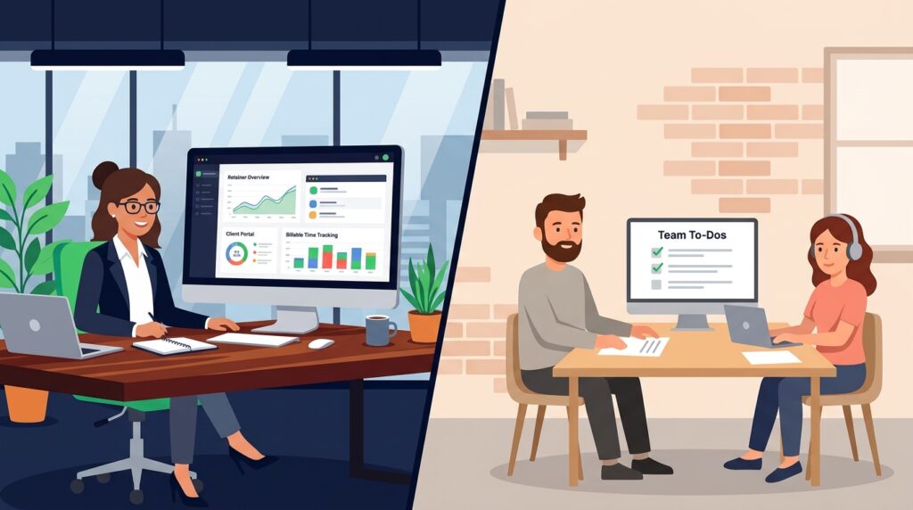 Split illustration showing Teamwork.com as the right fit for agencies and professional services firms on the left and a simpler tool better suited to small internal teams on the right