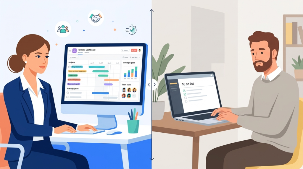 Split illustration showing Asana as the right fit for structured mid-size teams on the left and a simpler tool for solo users or small teams on the right
