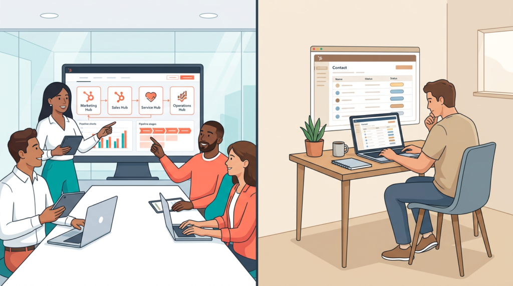 Split illustration showing HubSpot as the right fit for growth-stage multi-hub B2B teams on the left and the free CRM as the better choice for bootstrapped or single-hub users on the right