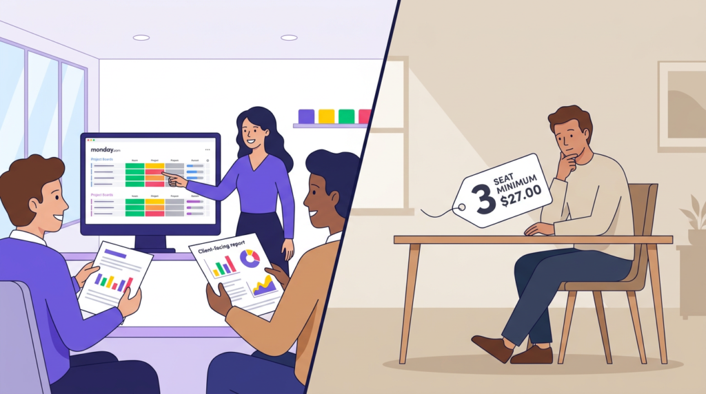 Split illustration showing monday.com as the right fit for visual and non-technical teams on the left and a poor fit for solo users facing the 3-seat minimum on the right