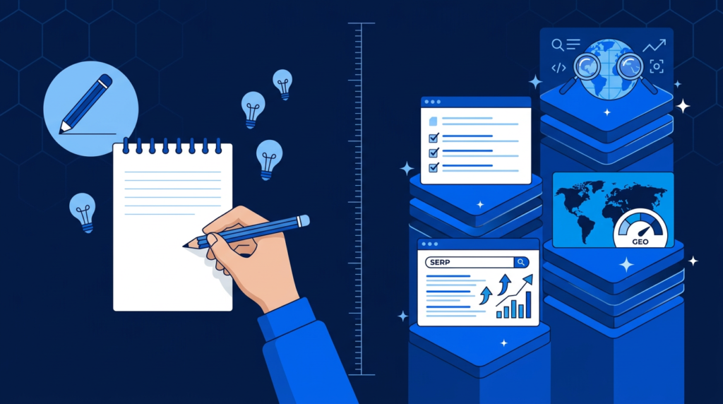 Comparison of free AI writing tools for learning the workflow versus paid tools adding SERP optimization, GEO scoring, briefs, and AI-search tracking