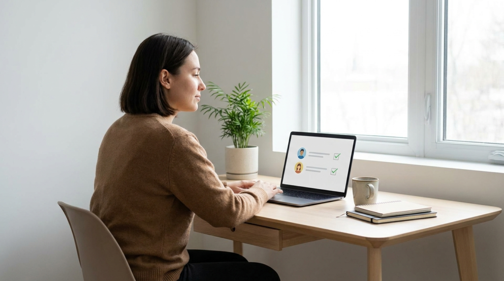 Solo freelancer working alone at a minimal desk with a simple personal task list on laptop screen